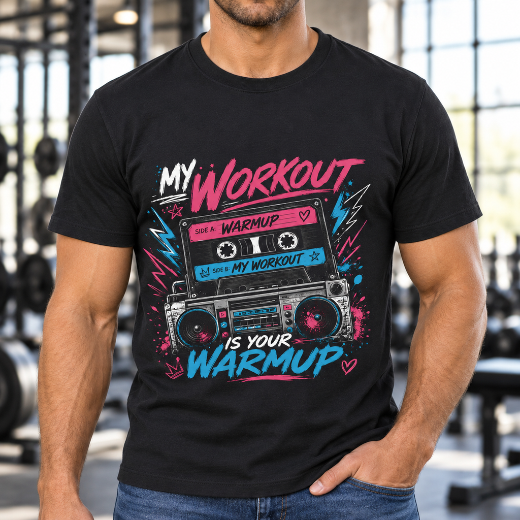 My Workout Is Your Warmup Retro Gym Shirt — close-up lifestyle mockup