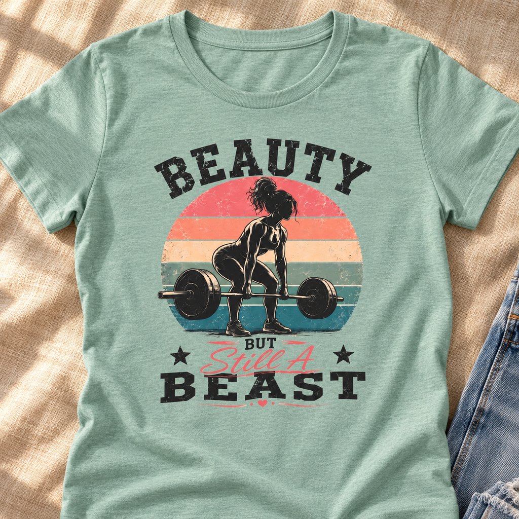 Beauty But Still a Beast Retro Women's Gym Shirt — close-up lifestyle flat lay