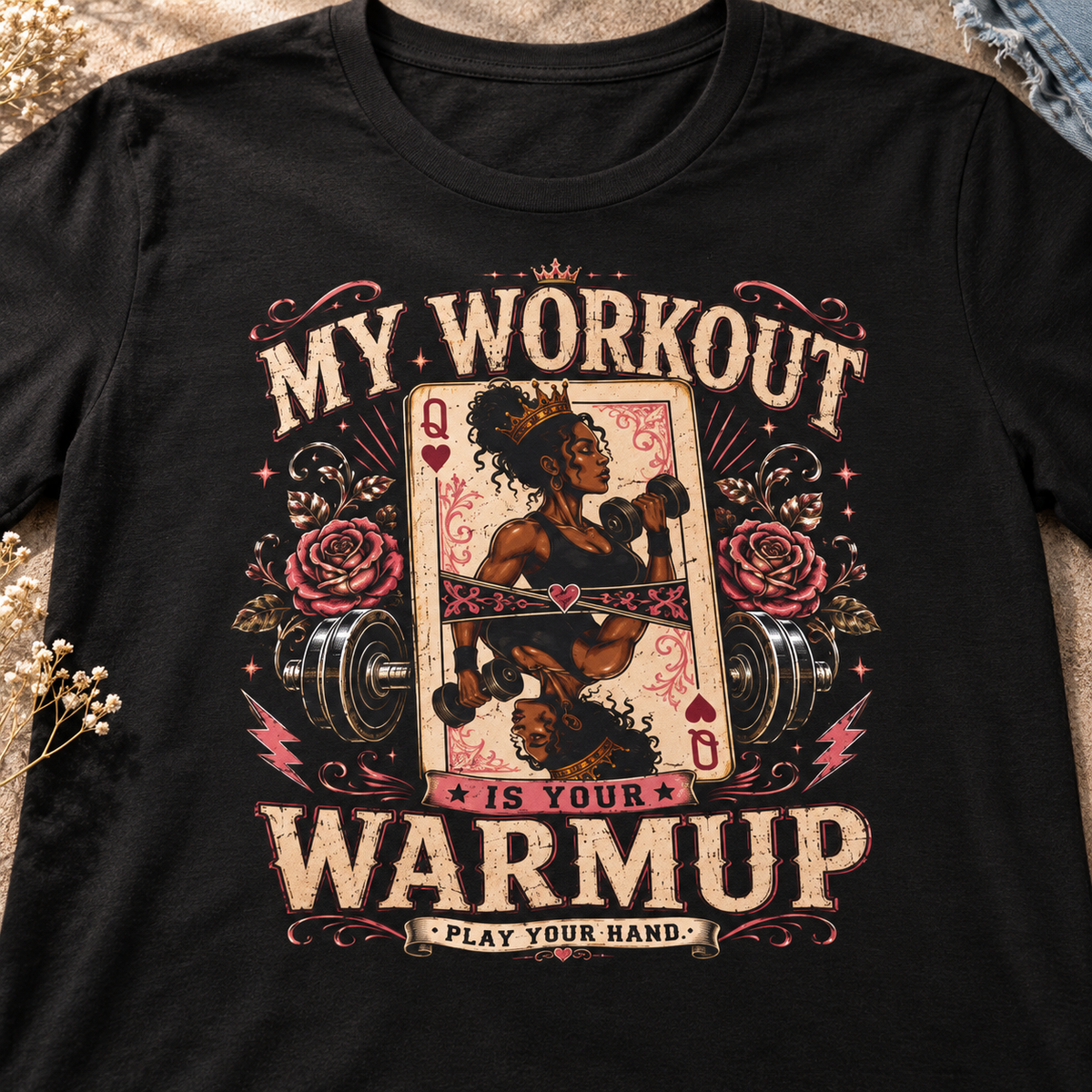 My Workout Is Your Warmup Women's Gym Shirt — close-up lifestyle flat lay