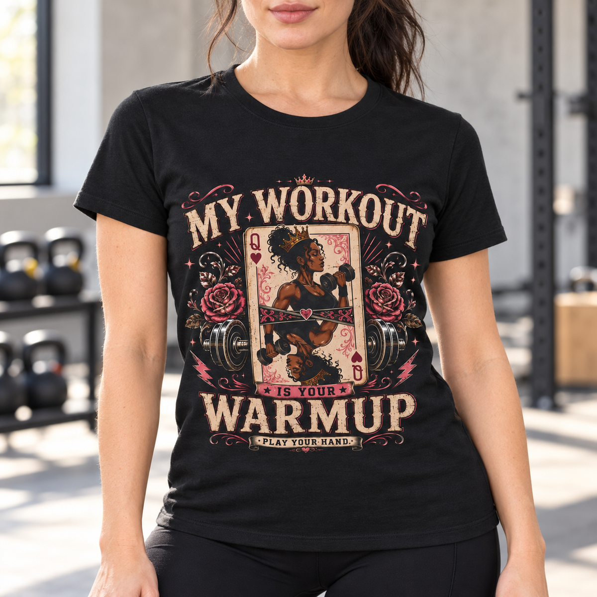 My Workout Is Your Warmup Women's Gym Shirt — close-up lifestyle mockup