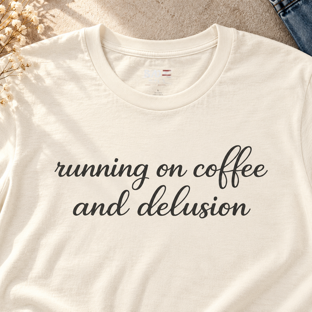 Running on Coffee and Delusion Shirt | Funny Coffee Tee — close-up lifestyle flat lay