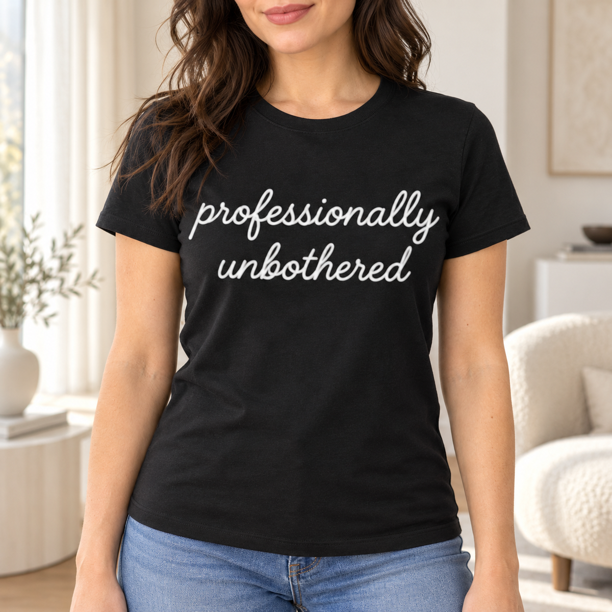 Professionally Unbothered Shirt | Sarcastic Graphic Tee — close-up lifestyle mockup