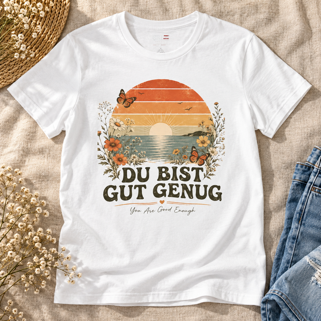 Du Bist Gut Genug Shirt | German You Are Good Enough Tee — close-up lifestyle flat lay