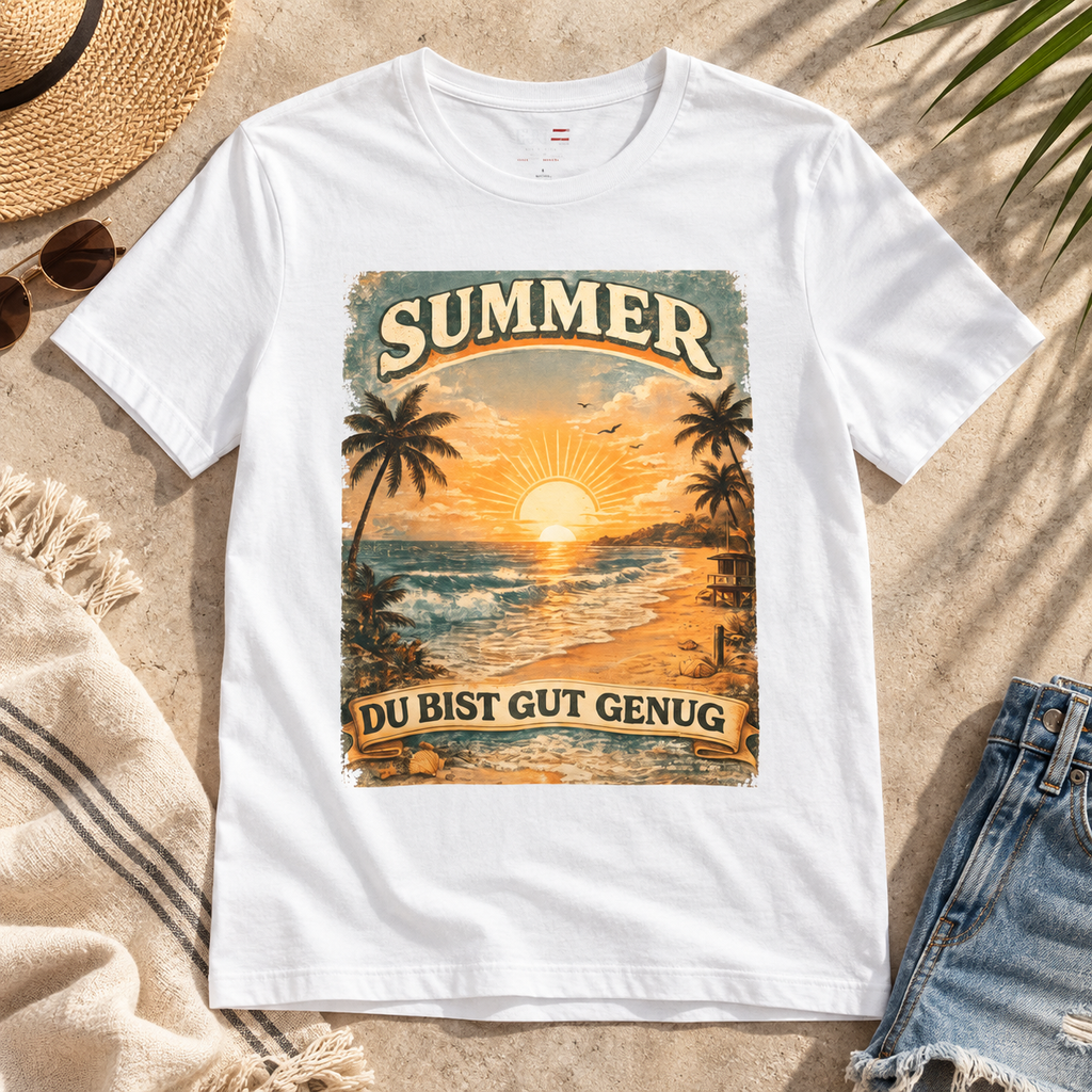 Du Bist Gut Genug Shirt | German You Are Enough Beach Tee — close-up lifestyle flat lay