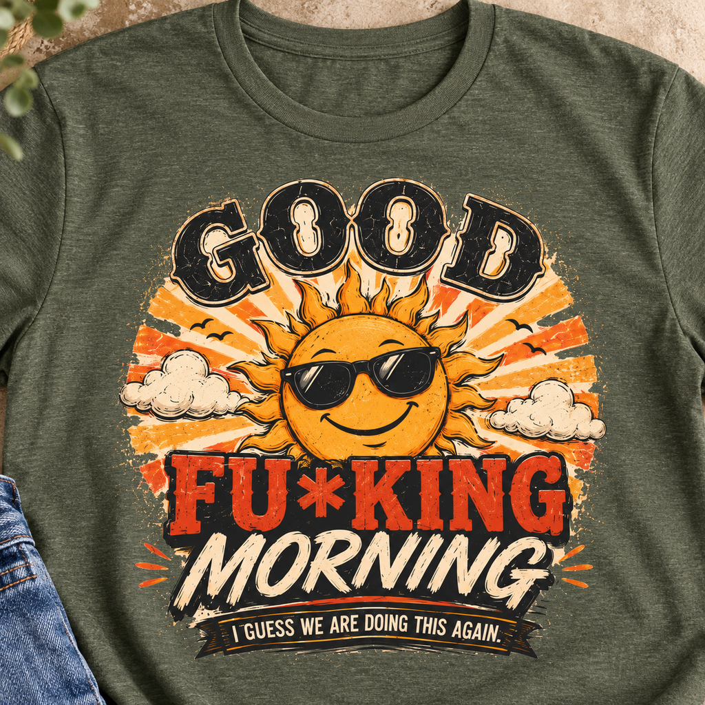 Good Fu*king Morning Shirt | Funny Sarcastic Sunrise Tee — close-up lifestyle flat lay
