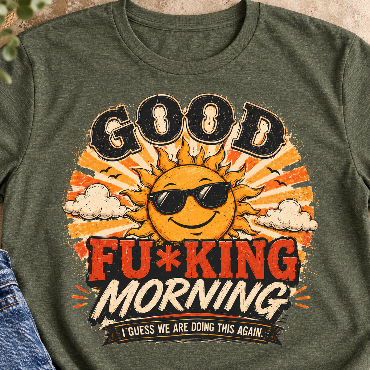 Good Fu*king Morning Shirt | Funny Sarcastic Sunrise Tee — close-up lifestyle flat lay