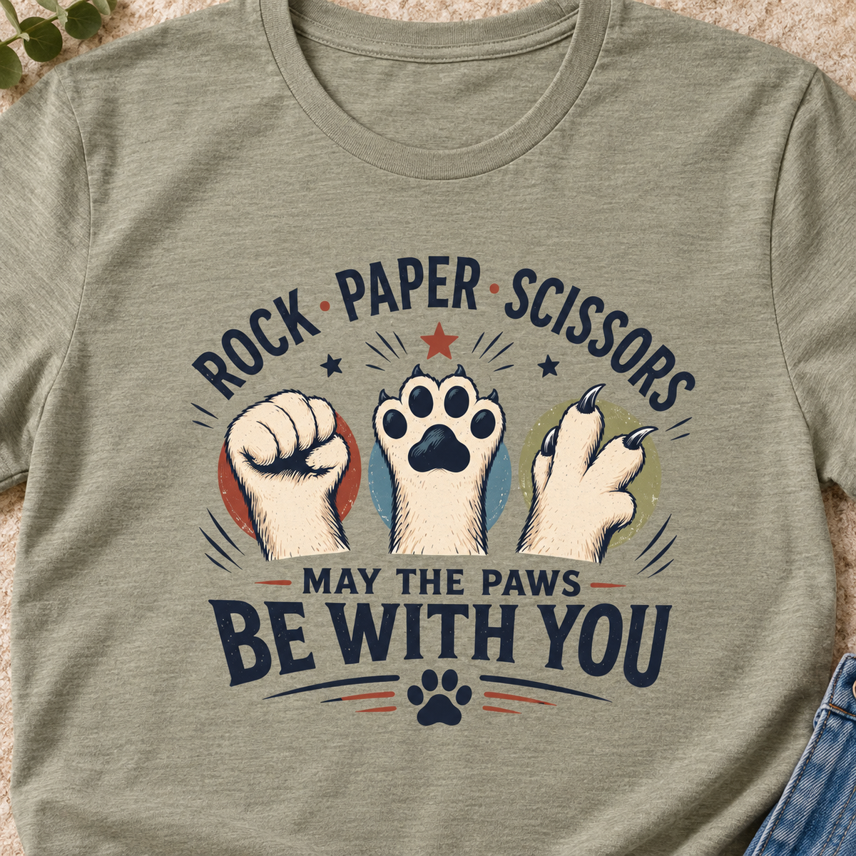 Rock Paper Scissors Cat Shirt | May the Paws Be With You — close-up lifestyle flat lay