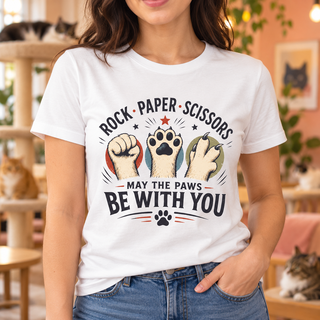 Rock Paper Scissors Cat Shirt | May the Paws Be With You — close-up lifestyle mockup