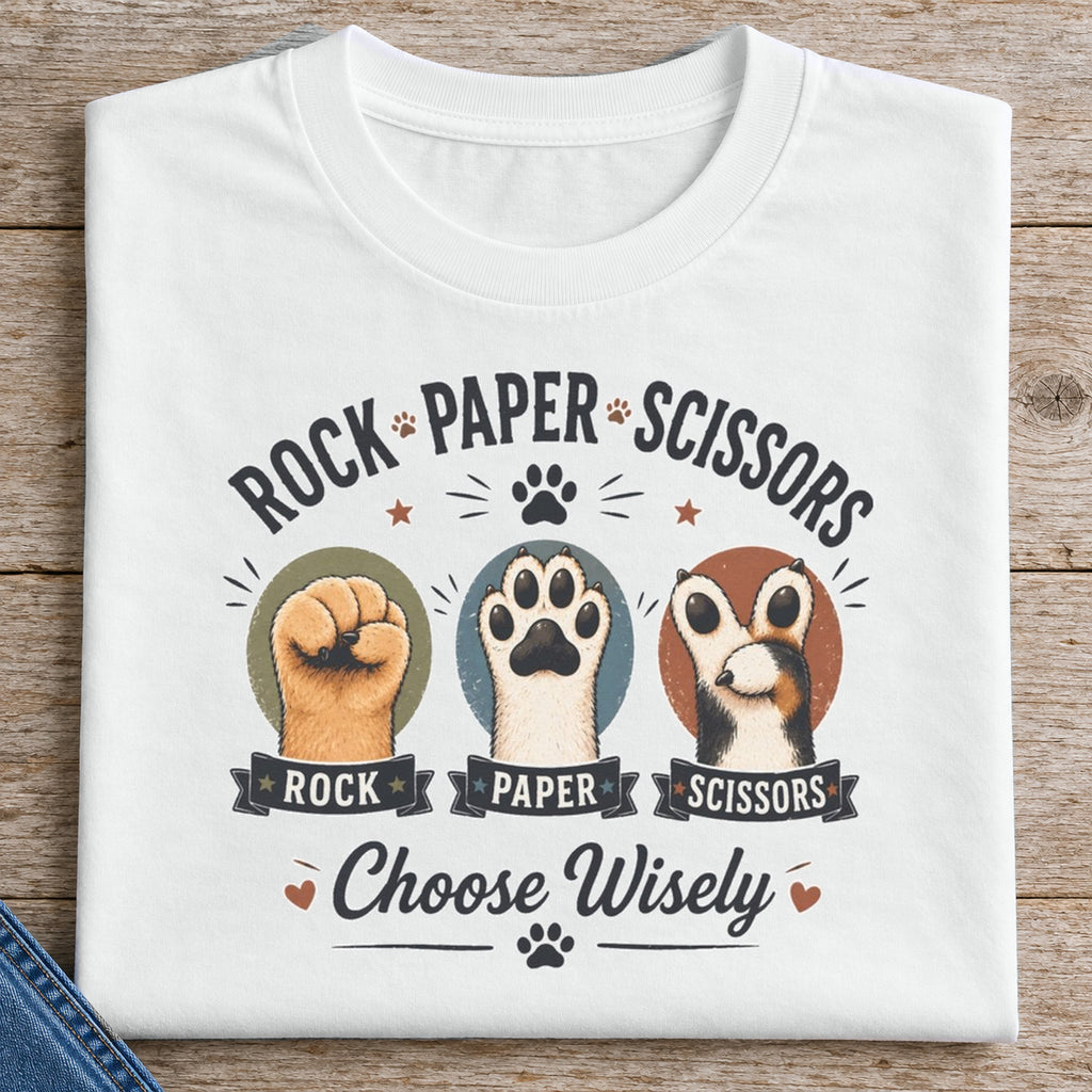 Rock Paper Scissors Cat Shirt | Funny Cat Paw Tee — folded shirt with original artwork