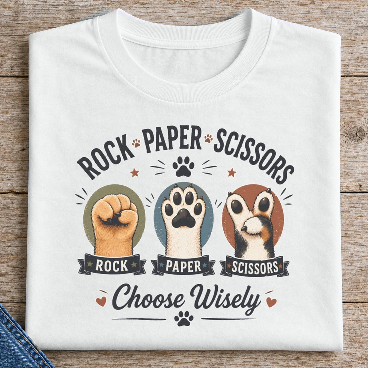Rock Paper Scissors Cat Shirt | Funny Cat Paw Tee — folded shirt with original artwork