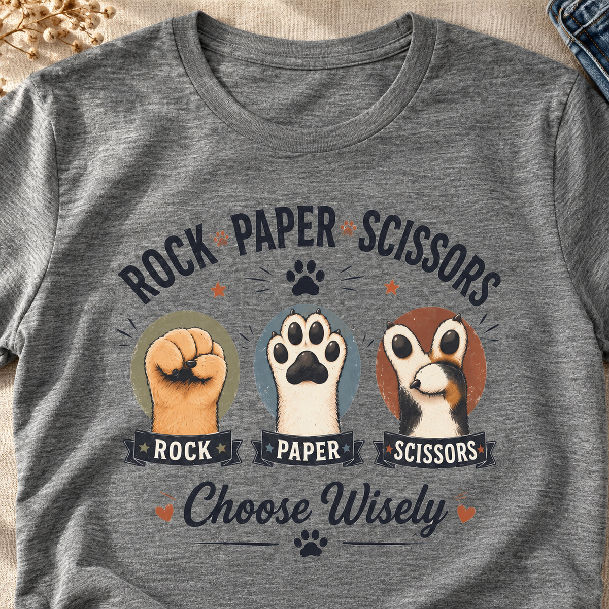 Rock Paper Scissors Cat Shirt | Funny Cat Paw Tee — close-up lifestyle flat lay
