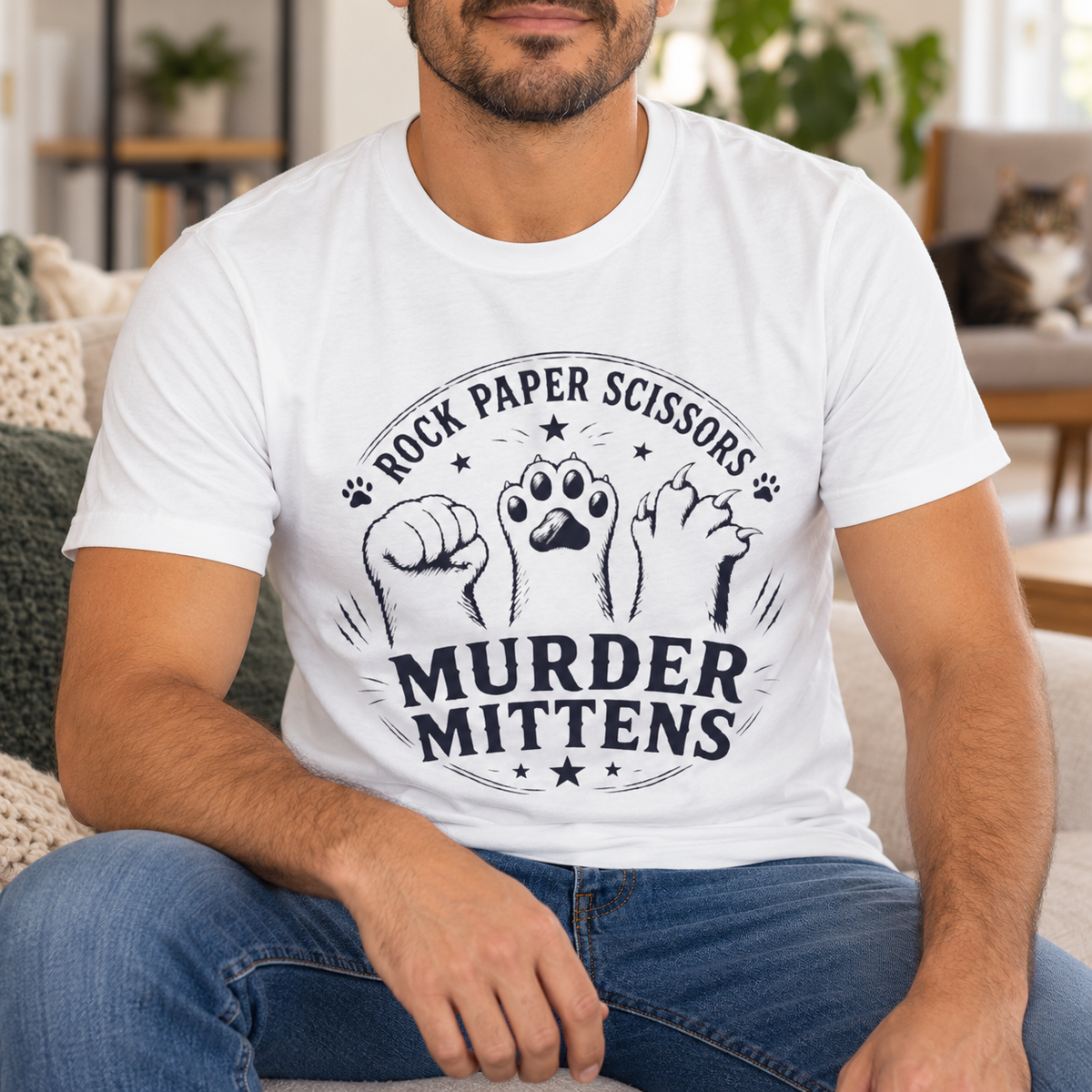 Murder Mittens Cat Shirt | Rock Paper Scissors Tee — close-up lifestyle mockup