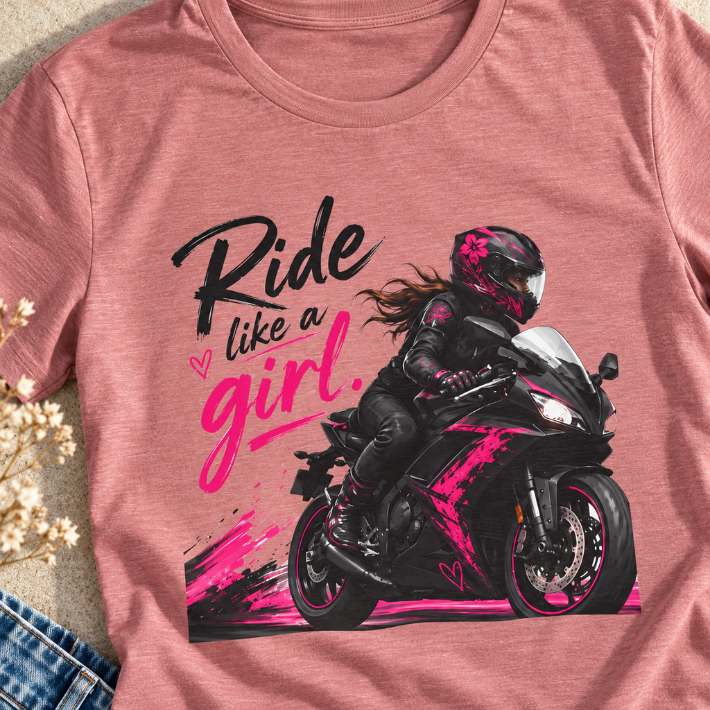 Ride Like a Girl Shirt | Women's Motorcycle Rider Tee — close-up lifestyle flat lay