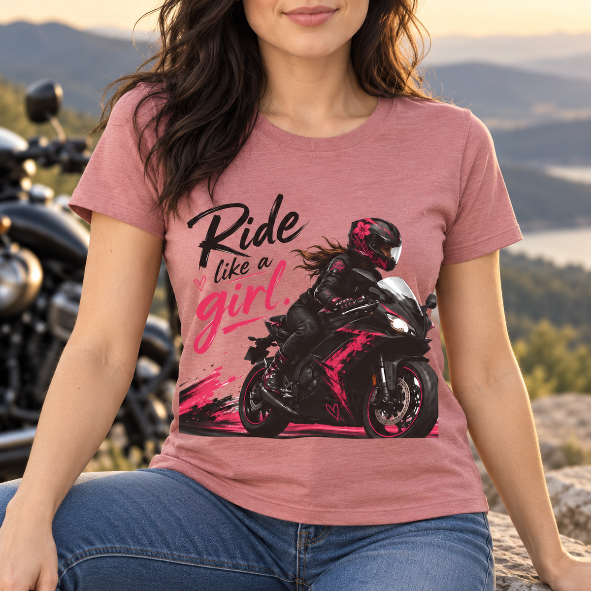 Ride Like a Girl Shirt | Women's Motorcycle Rider Tee — close-up lifestyle mockup