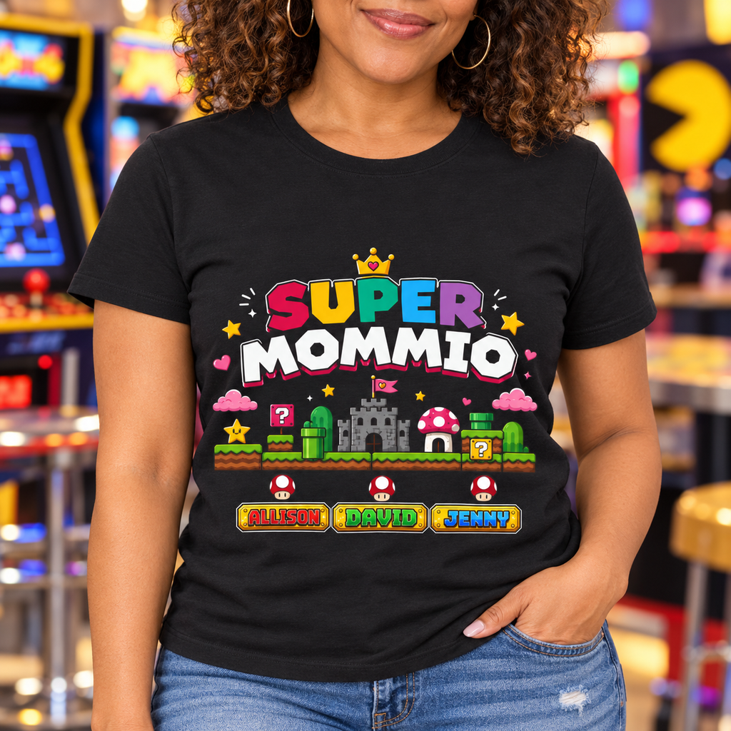 Personalized Super Mommio Shirt | Custom Kids Names — close-up lifestyle mockup