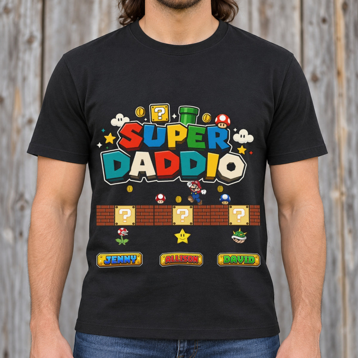 Super Daddio Shirt | Personalized Kids Names Dad Tee — man wearing shirt with original artwork