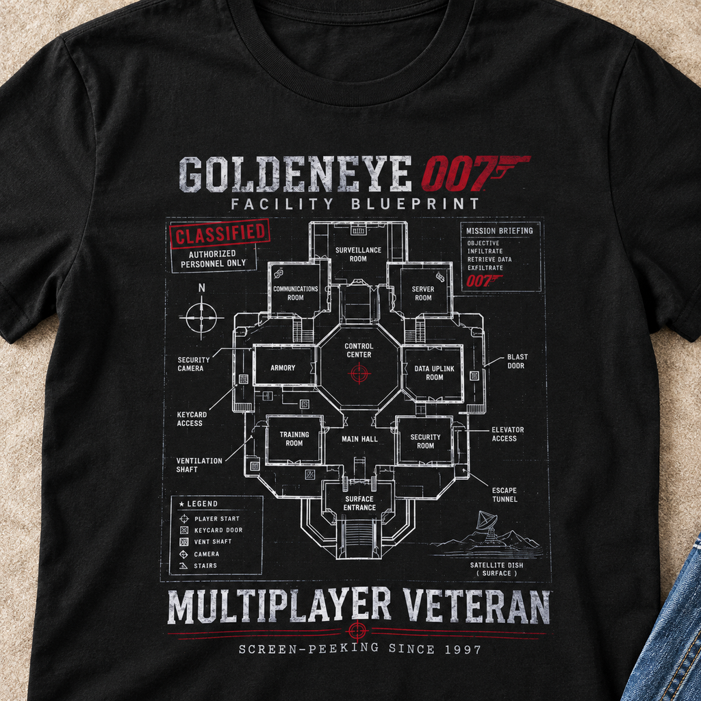 GoldenEye 007 Retro Gaming Shirt | N64 Gamer Tee — close-up lifestyle flat lay