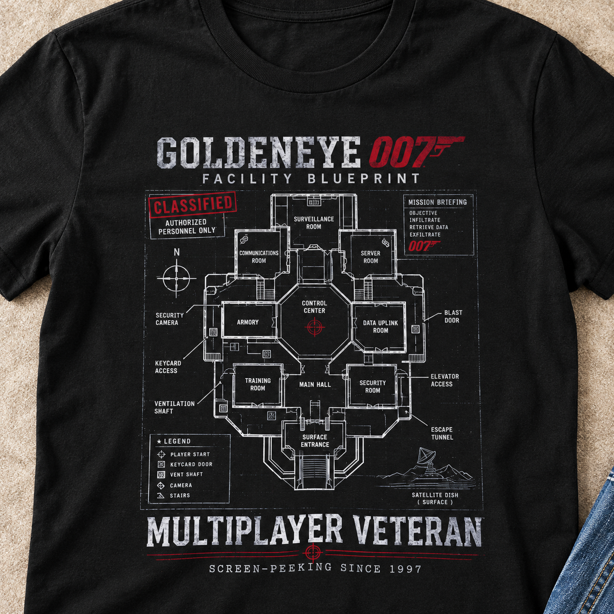 GoldenEye 007 Retro Gaming Shirt | N64 Gamer Tee — close-up lifestyle flat lay