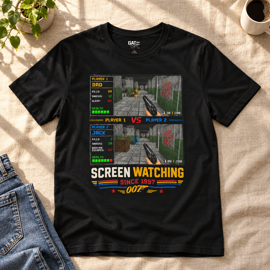 Personalized GoldenEye 007 Gamer Shirt | Custom N64 Tee — close-up lifestyle flat lay