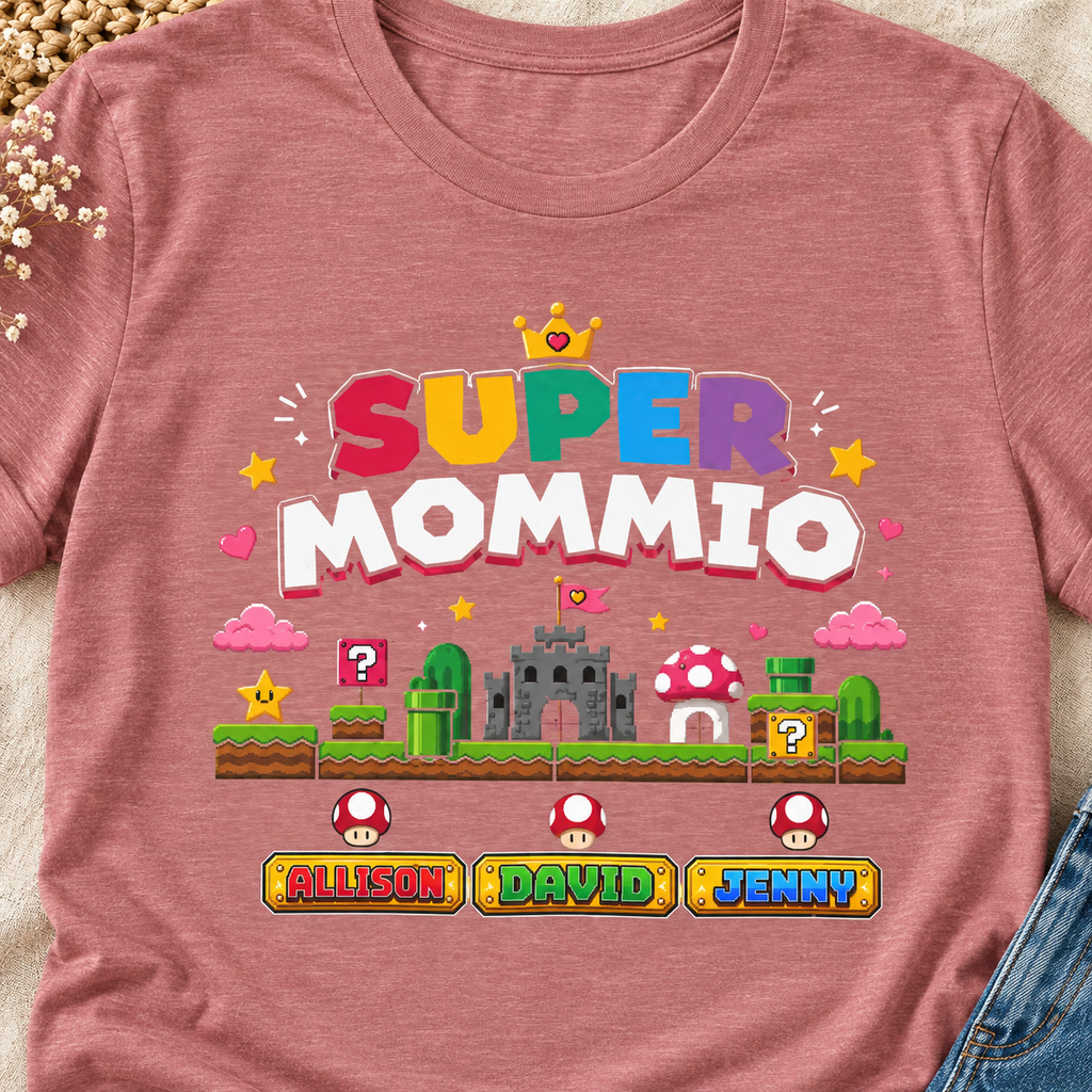 Super Mommio Retro Gamer Mom Shirt | Pixel Video Game Tee — close-up lifestyle flat lay