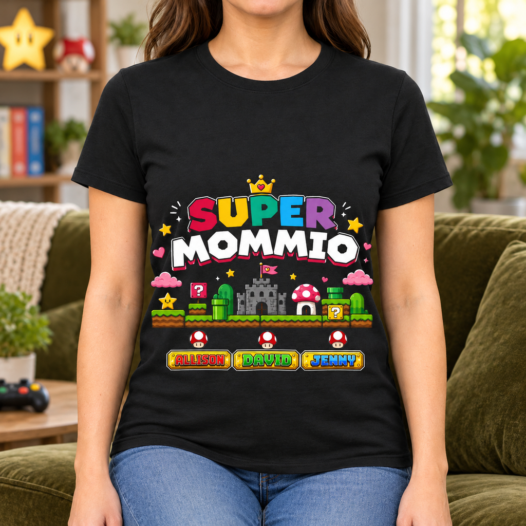 Super Mommio Retro Gamer Mom Shirt | Pixel Video Game Tee — close-up lifestyle mockup