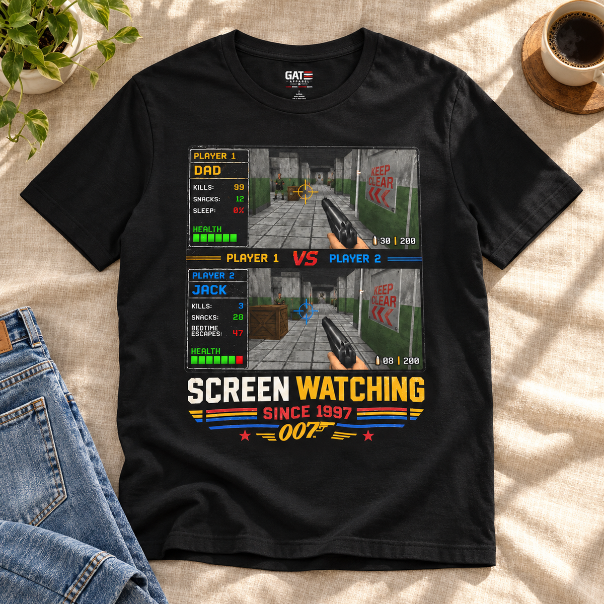 Personalized Gamer Shirt | Custom Names Retro Gaming Tee — close-up lifestyle flat lay
