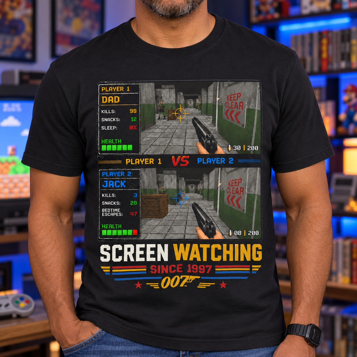 Personalized Gamer Shirt | Custom Names Retro Gaming Tee — close-up lifestyle mockup