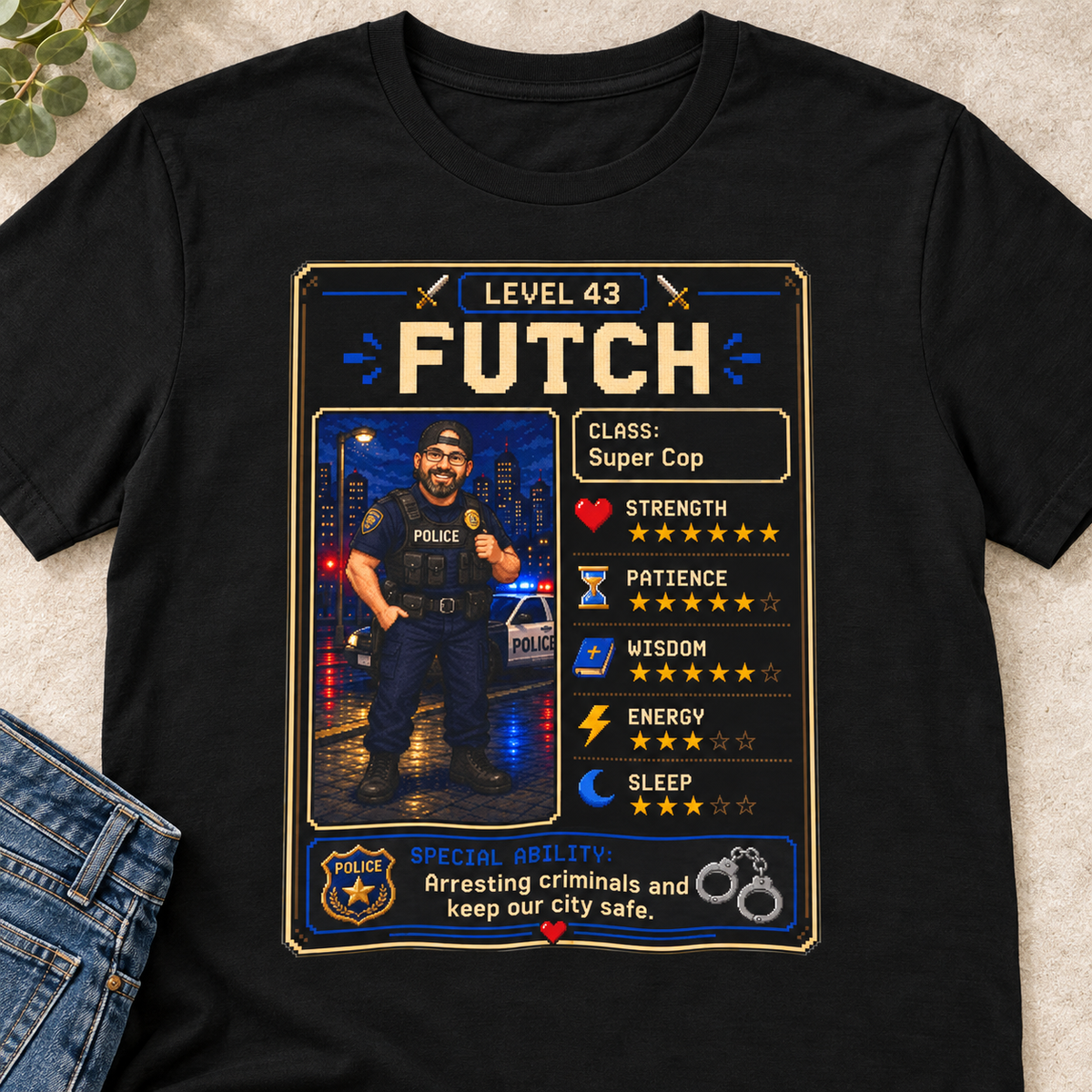 Custom RPG Character Shirt | Personalized Gamer Tee — close-up lifestyle flat lay