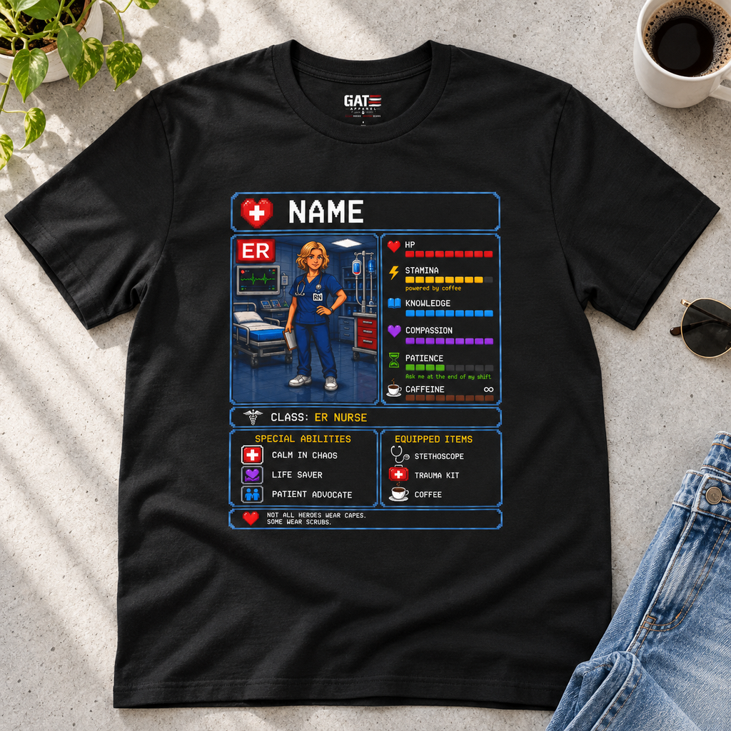 Custom ER Nurse RPG Character Shirt | Personalized Nurse Gift — close-up lifestyle flat lay
