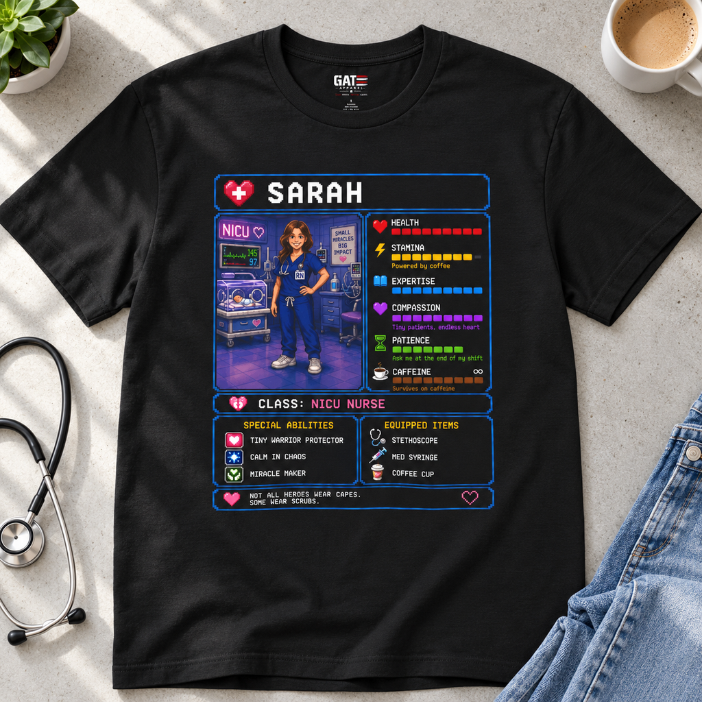 Custom NICU Nurse RPG Shirt | Personalized Neonatal Nurse Gift — close-up lifestyle flat lay