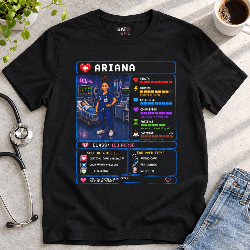 Custom ICU Nurse RPG Shirt | Personalized Critical Care Nurse Gift — close-up lifestyle flat lay