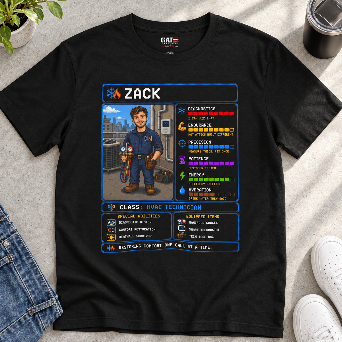 Custom HVAC Technician RPG Shirt | Personalized HVAC Gift — close-up lifestyle flat lay