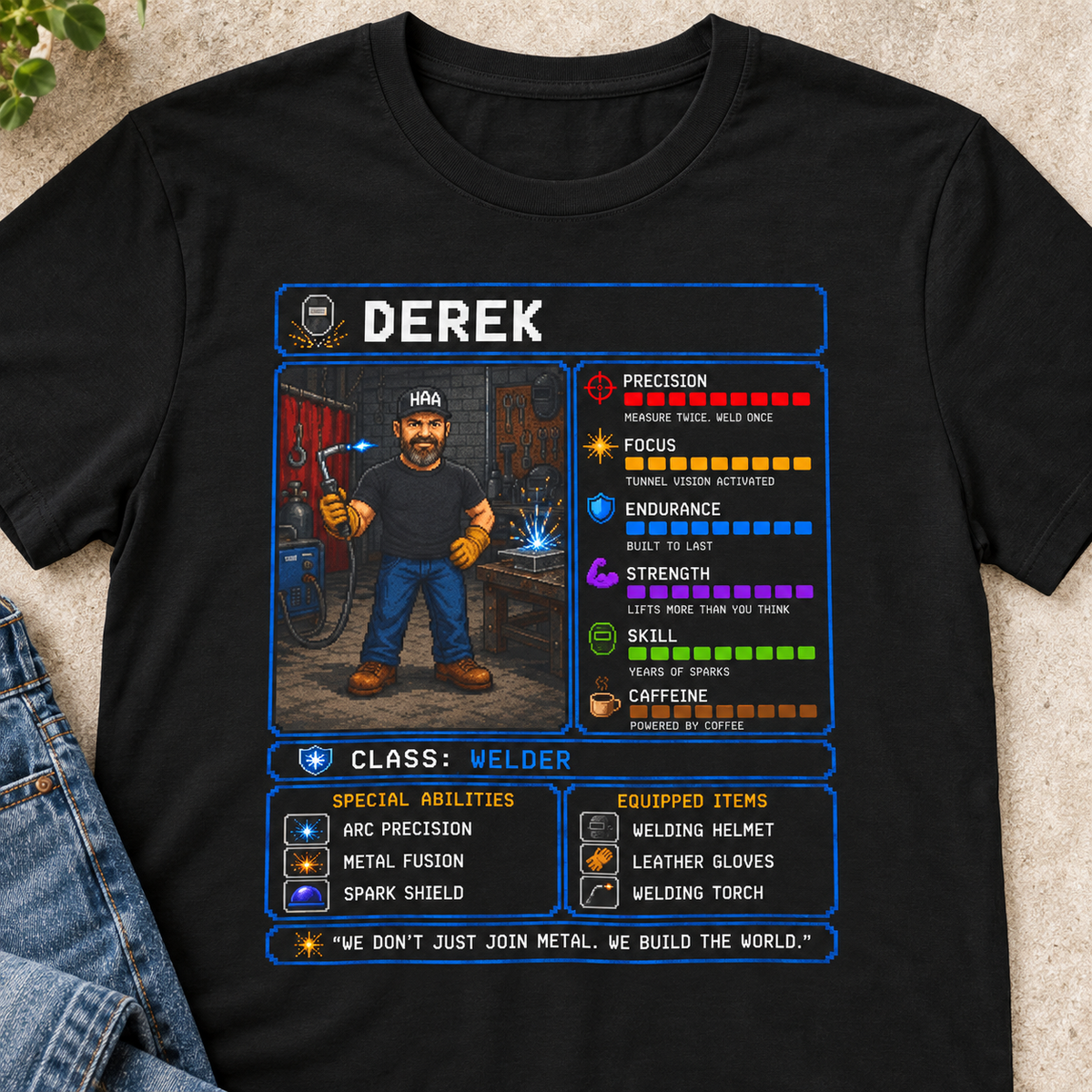 Custom Welder RPG Character Shirt | Personalized Welding Gift — close-up lifestyle flat lay
