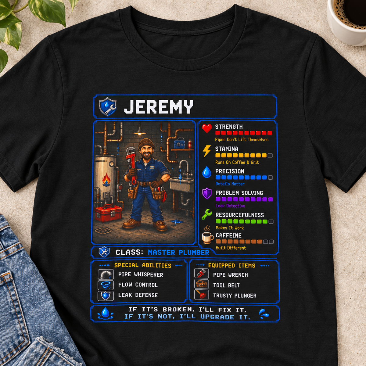 Custom Plumber RPG Character Shirt | Personalized Plumber Gift — close-up lifestyle flat lay