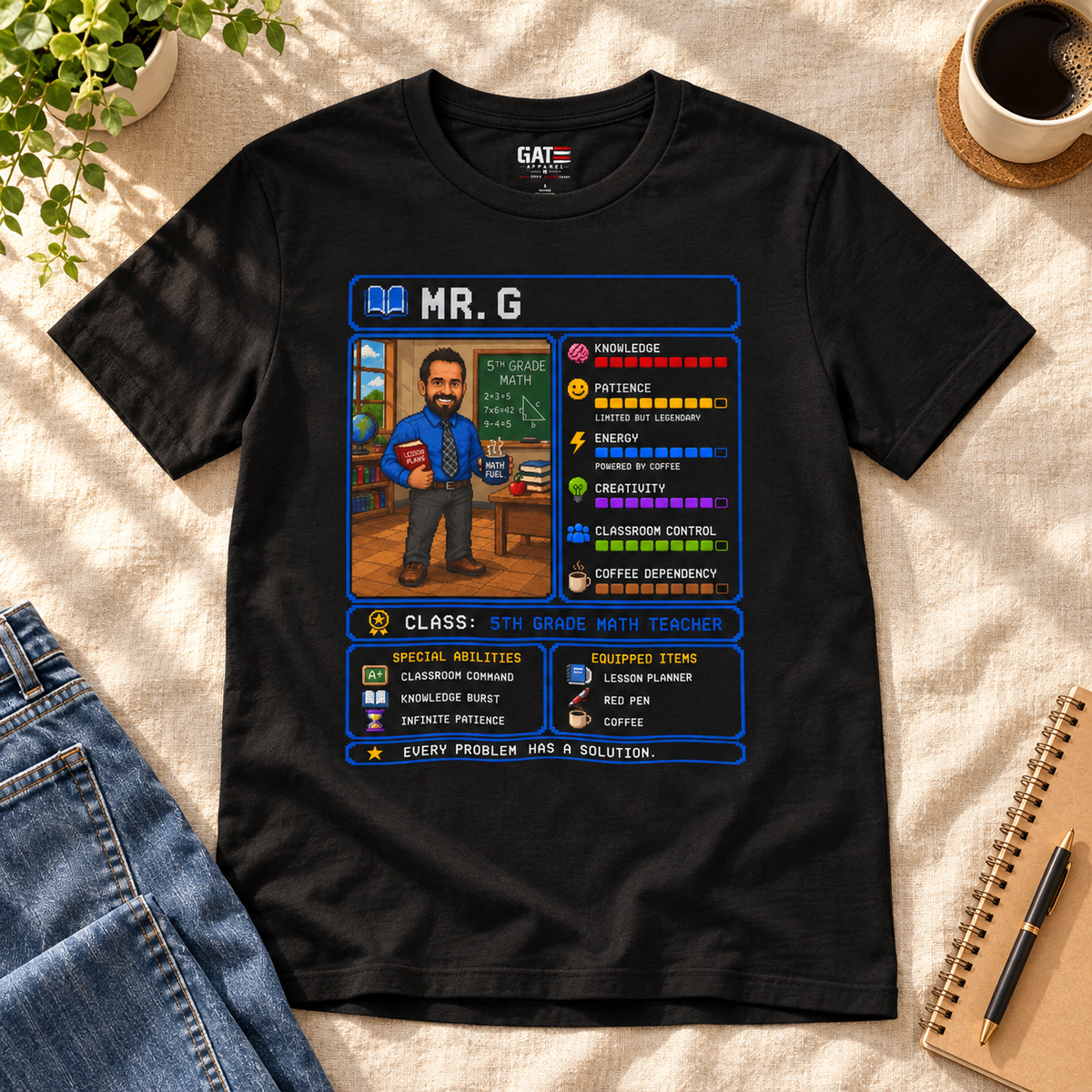 Personalized Math Teacher RPG Shirt | Custom Teacher Gift — close-up lifestyle flat lay