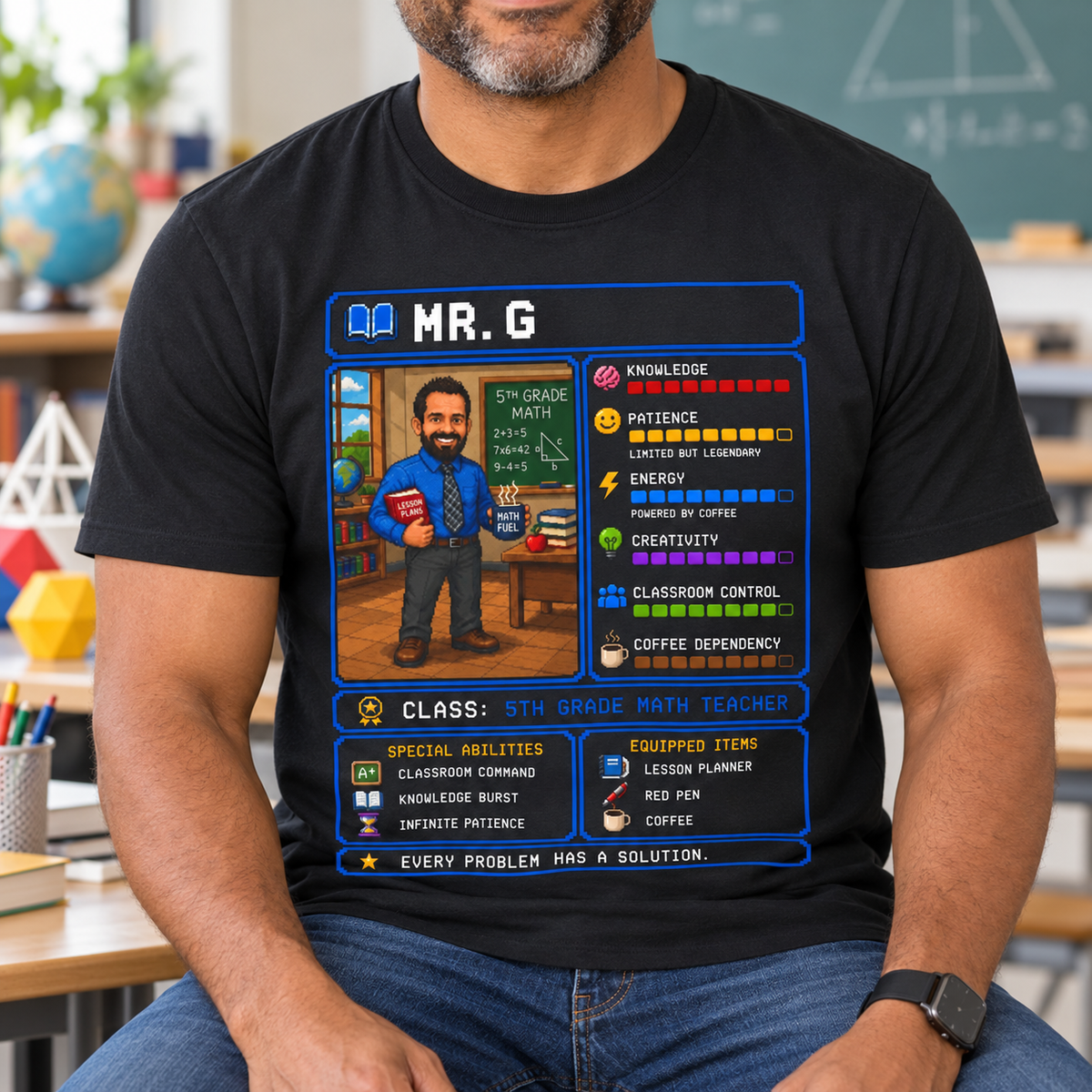 Personalized Math Teacher RPG Shirt | Custom Teacher Gift — close-up lifestyle mockup