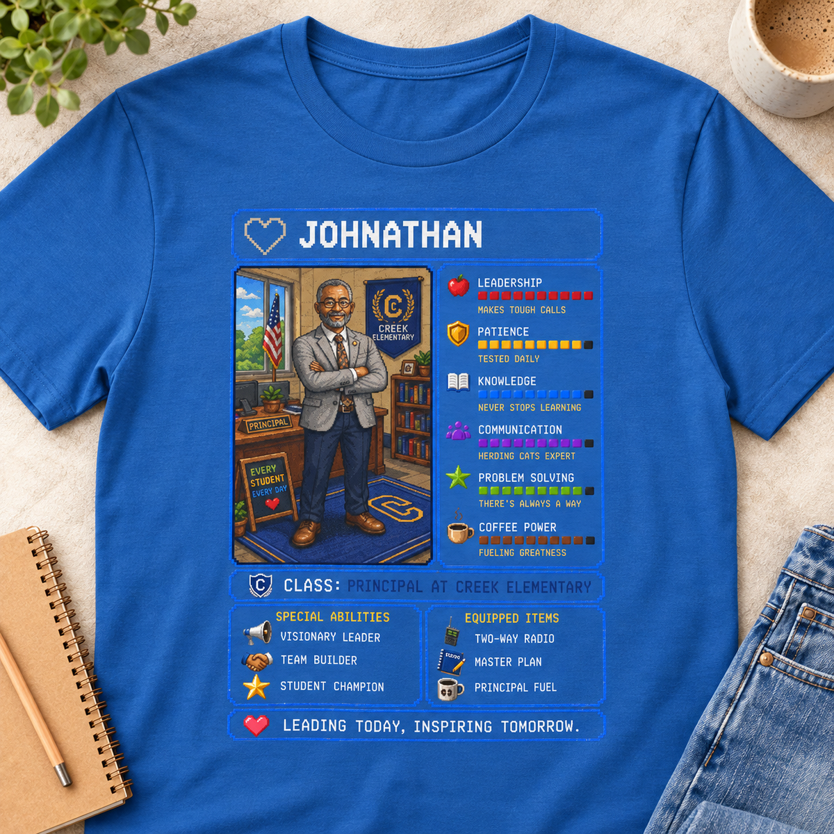 Custom Principal RPG Shirt | Personalized School Administrator Gift — close-up lifestyle flat lay