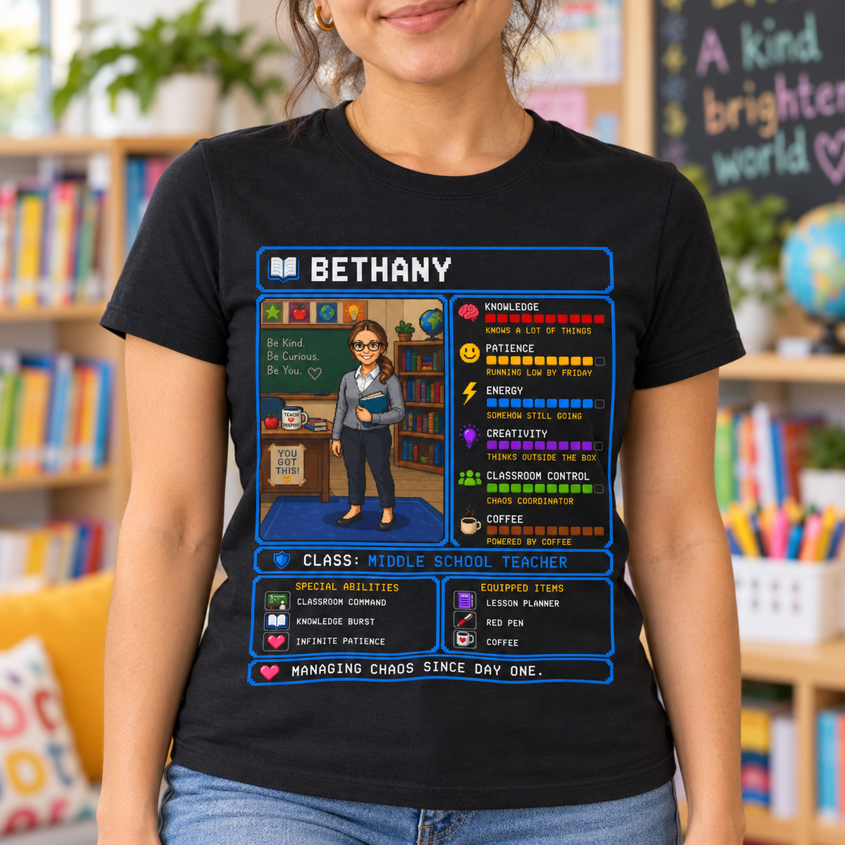 Personalized Teacher RPG Shirt | Custom Gamer Teacher Gift — close-up lifestyle mockup