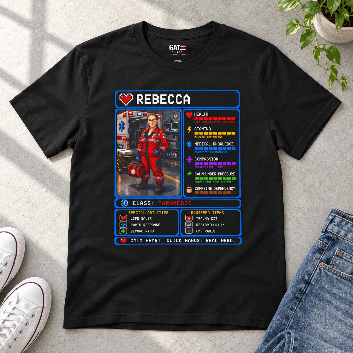 Custom Paramedic RPG Character Shirt | Personalized EMT Gift — close-up lifestyle flat lay