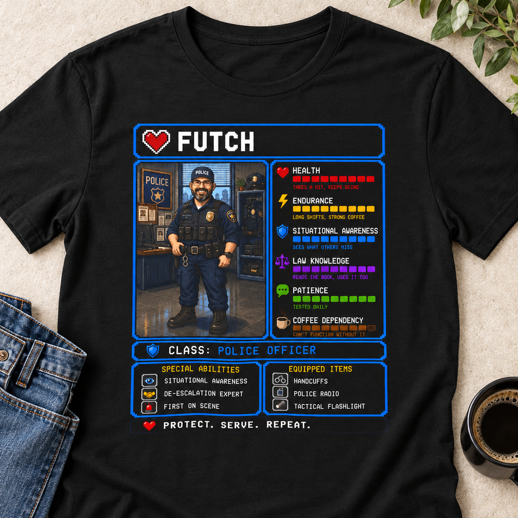 Custom Police Officer RPG Shirt | Personalized Law Enforcement Gift — close-up lifestyle flat lay