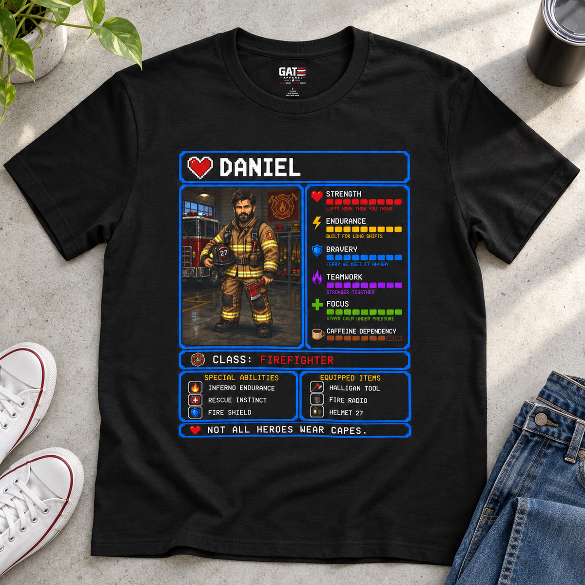 Custom Firefighter RPG Shirt | Personalized Firefighter Gift Tee — close-up lifestyle flat lay