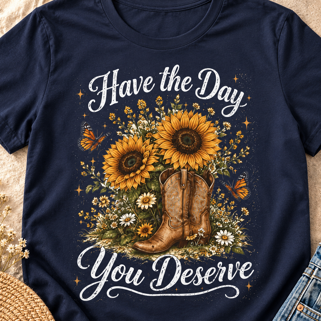 Have the Day You Deserve Sunflower Shirt | Western Floral Tee — close-up lifestyle flat lay