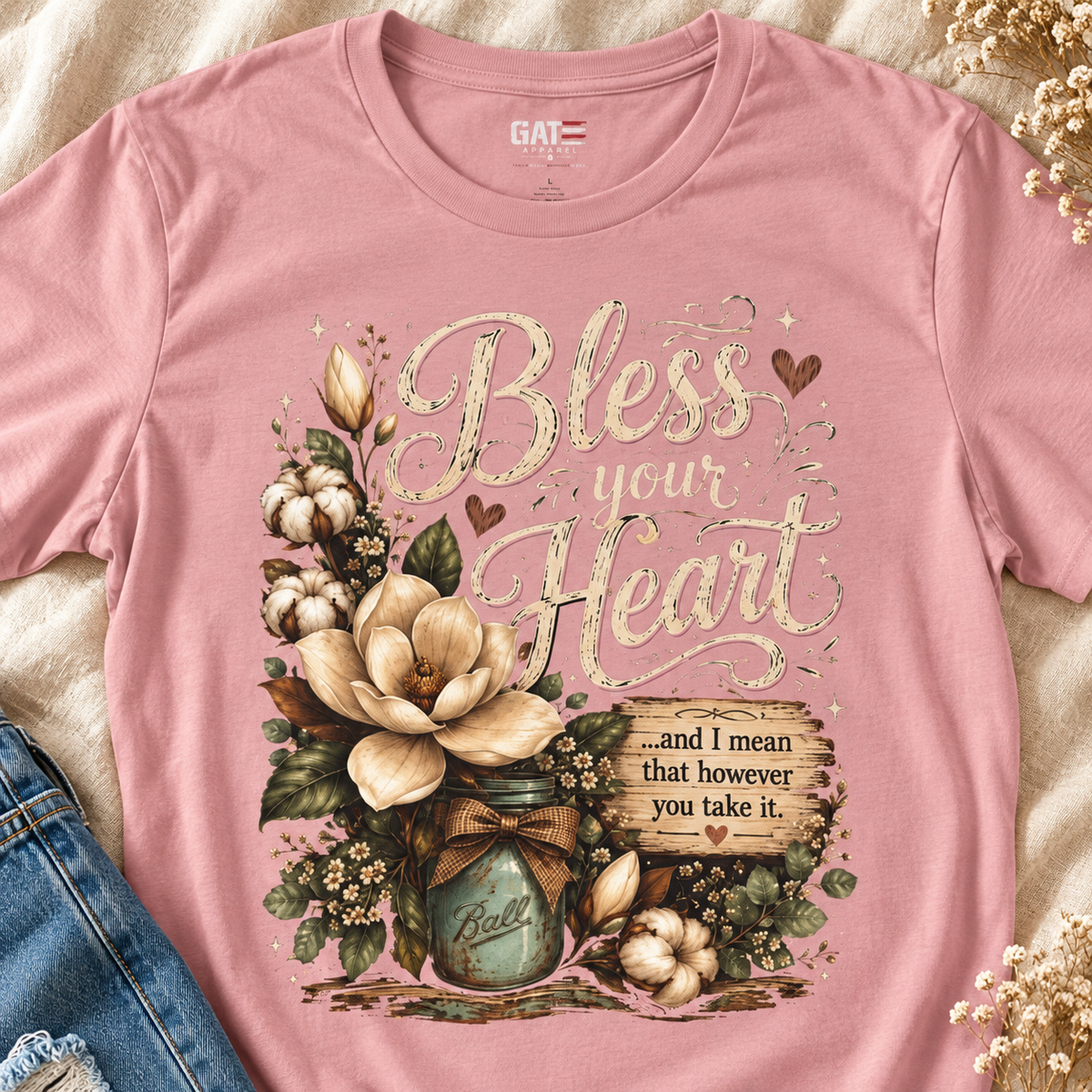 Bless Your Heart Magnolia Shirt | Southern Humor Tee — close-up lifestyle flat lay