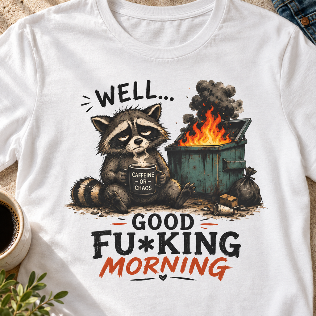 Good Morning Raccoon Shirt | Funny Coffee Lover Tee — close-up lifestyle flat lay