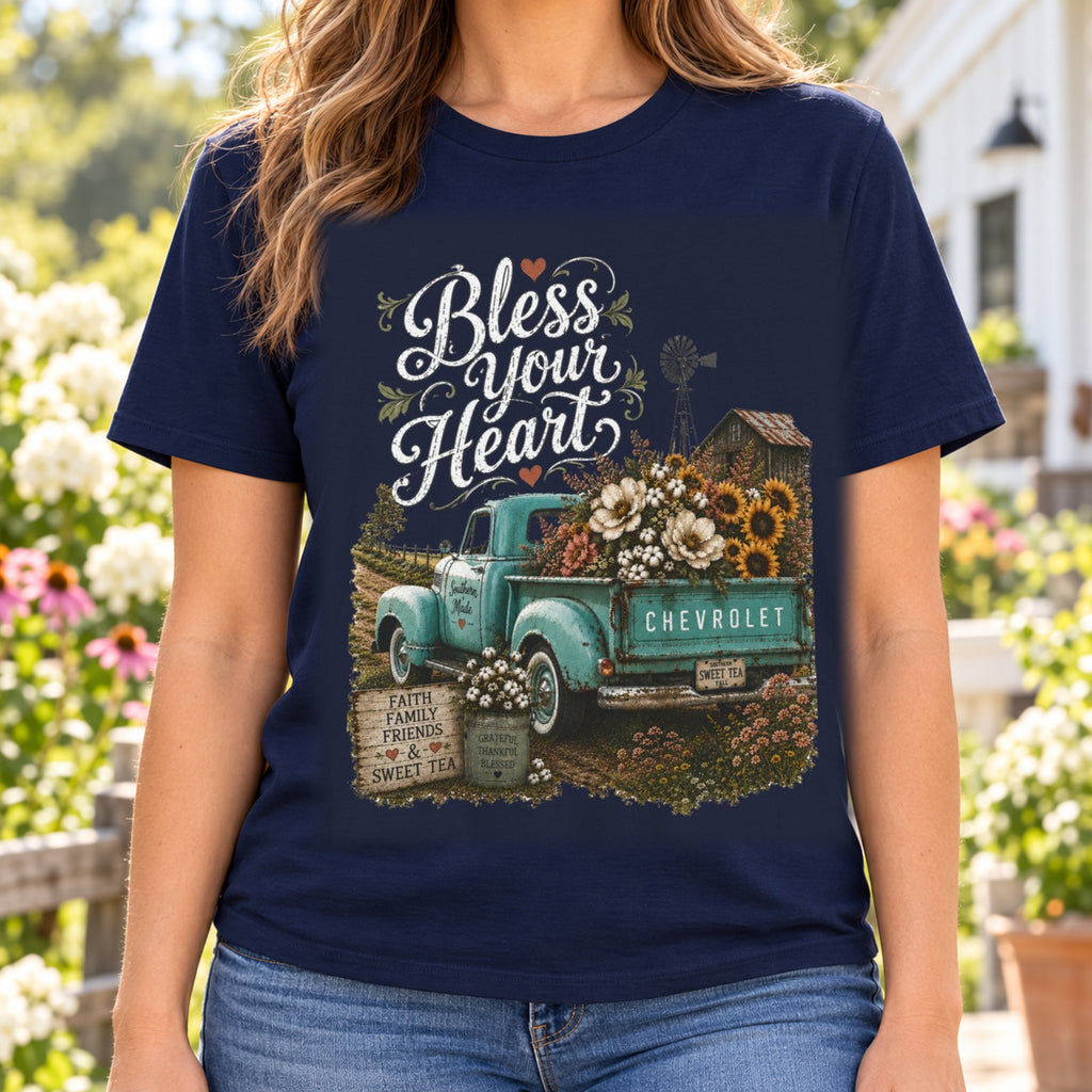 Bless Your Heart Farm Truck Shirt | Magnolia Floral Tee — woman wearing shirt with original artwork