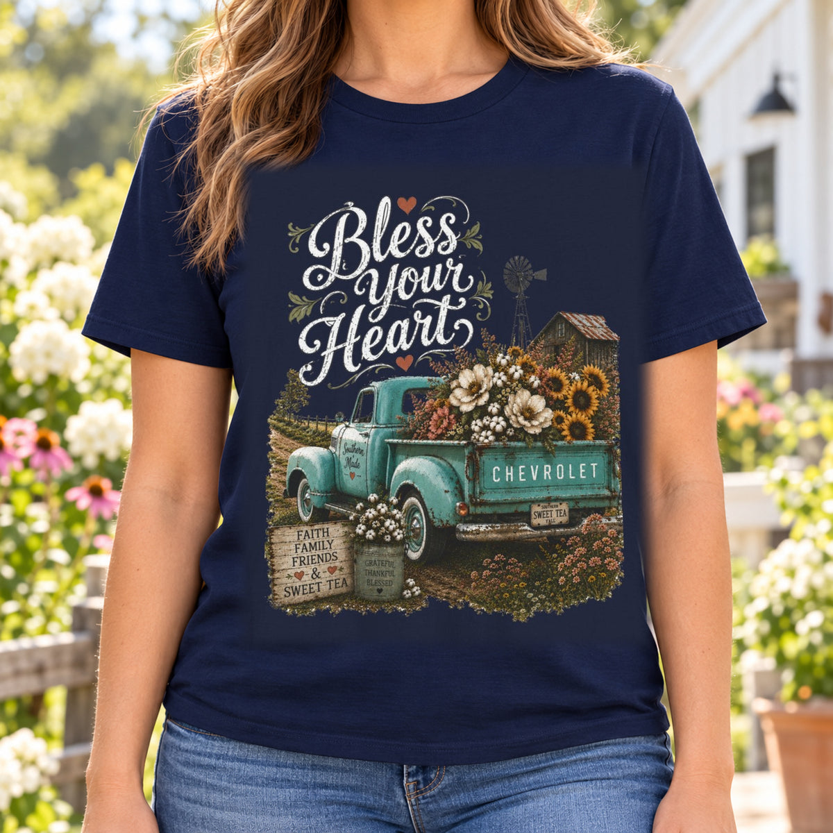 Bless Your Heart Farm Truck Shirt | Magnolia Floral Tee — woman wearing shirt with original artwork