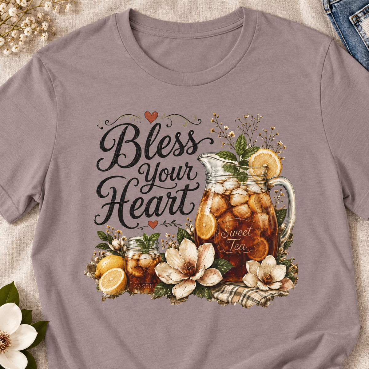 Bless Your Heart Sweet Tea Shirt | Magnolia Floral Tee — close-up lifestyle flat lay