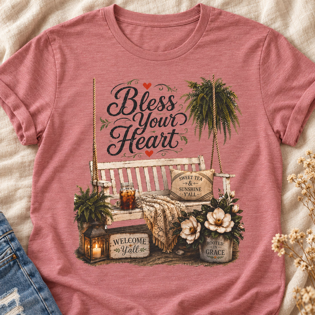 Bless Your Heart Porch Shirt | Magnolia Floral Tee — close-up lifestyle flat lay