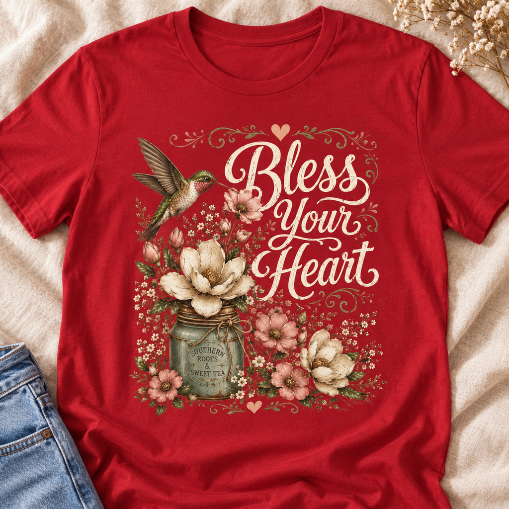Bless Your Heart Hummingbird Shirt | Magnolia Floral Tee — close-up lifestyle flat lay