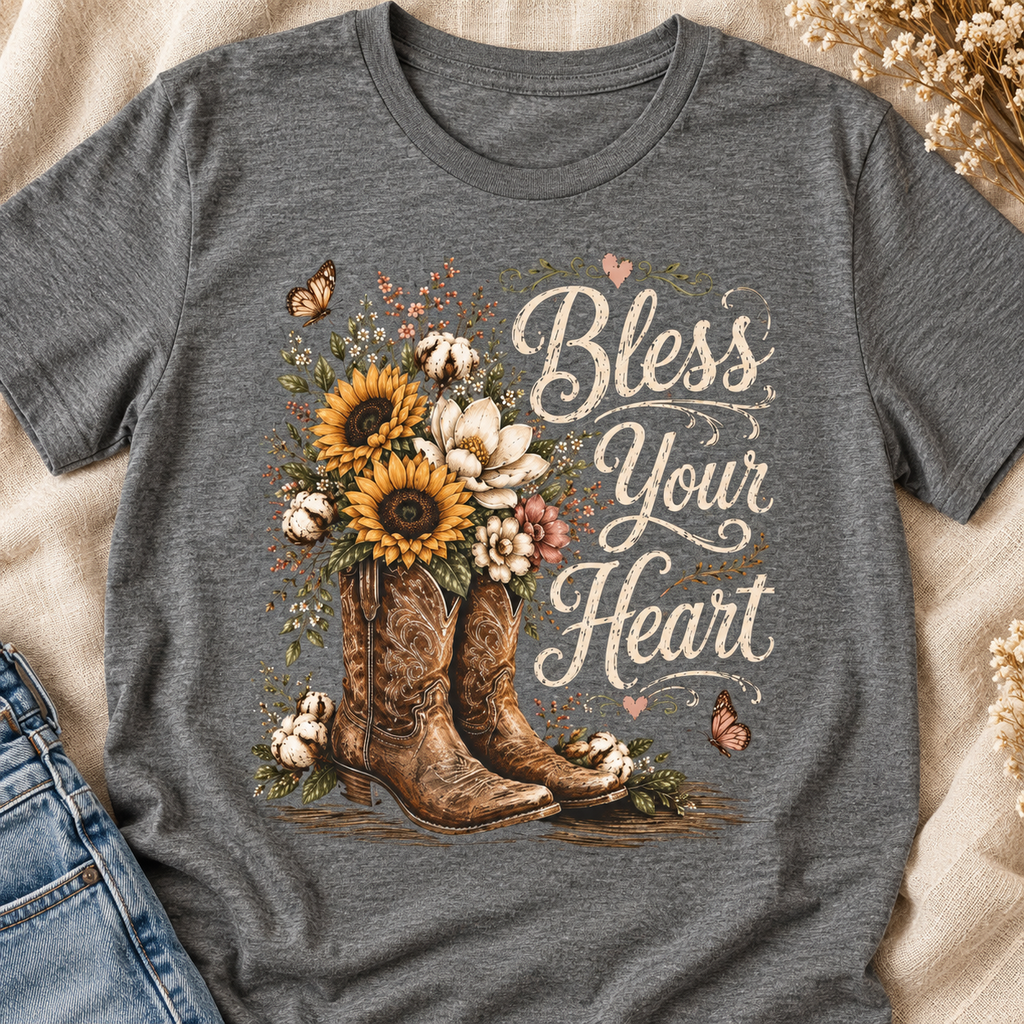 Bless Your Heart Boots Shirt | Magnolia Floral Tee — close-up lifestyle flat lay